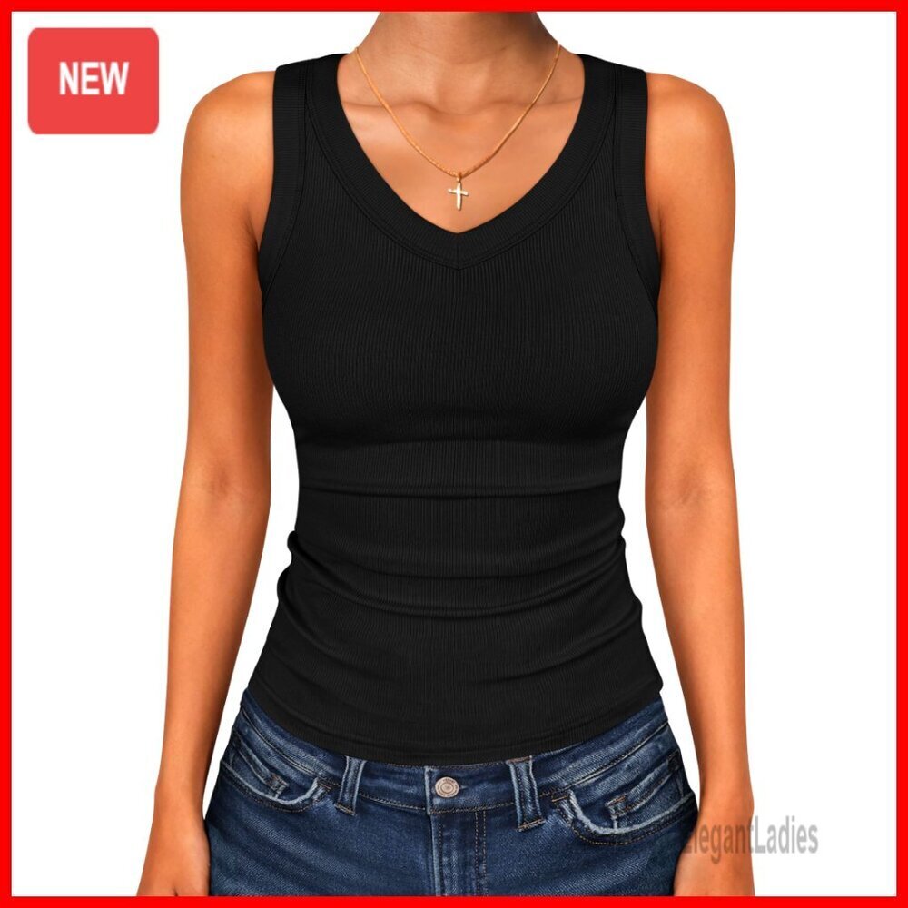 Slim Fit V-Neck Ribbed Tank Top, Rayon Blend, Casual Summer Tee